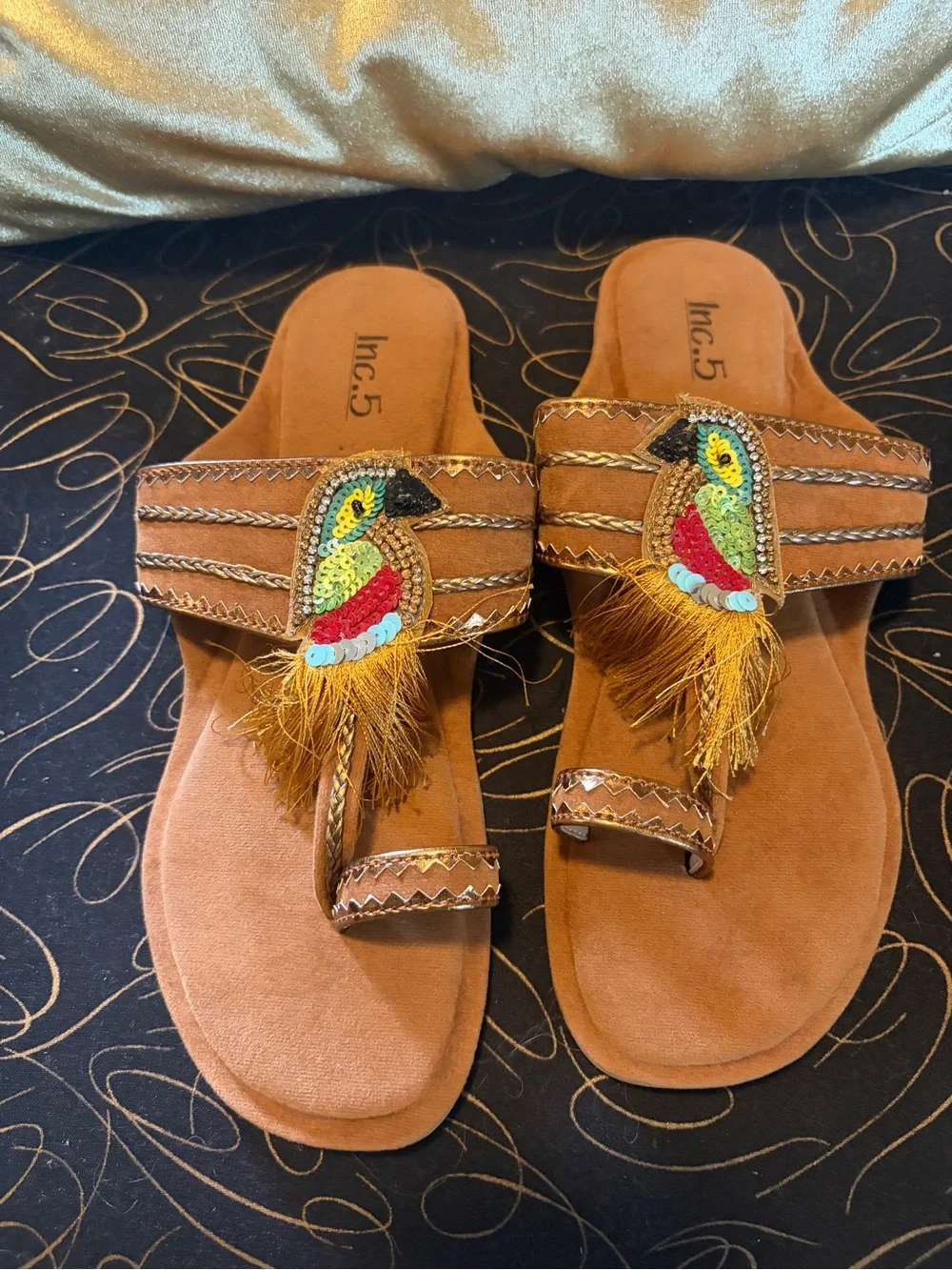 INC International Concepts Brown Beaded Feather Slide Sandals